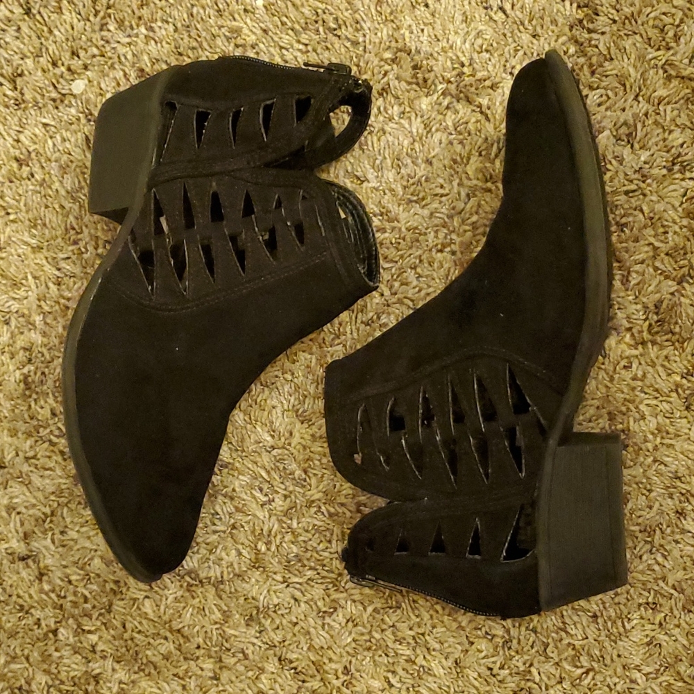 JG Black Low Heel Cutout Suede Ankle Boots